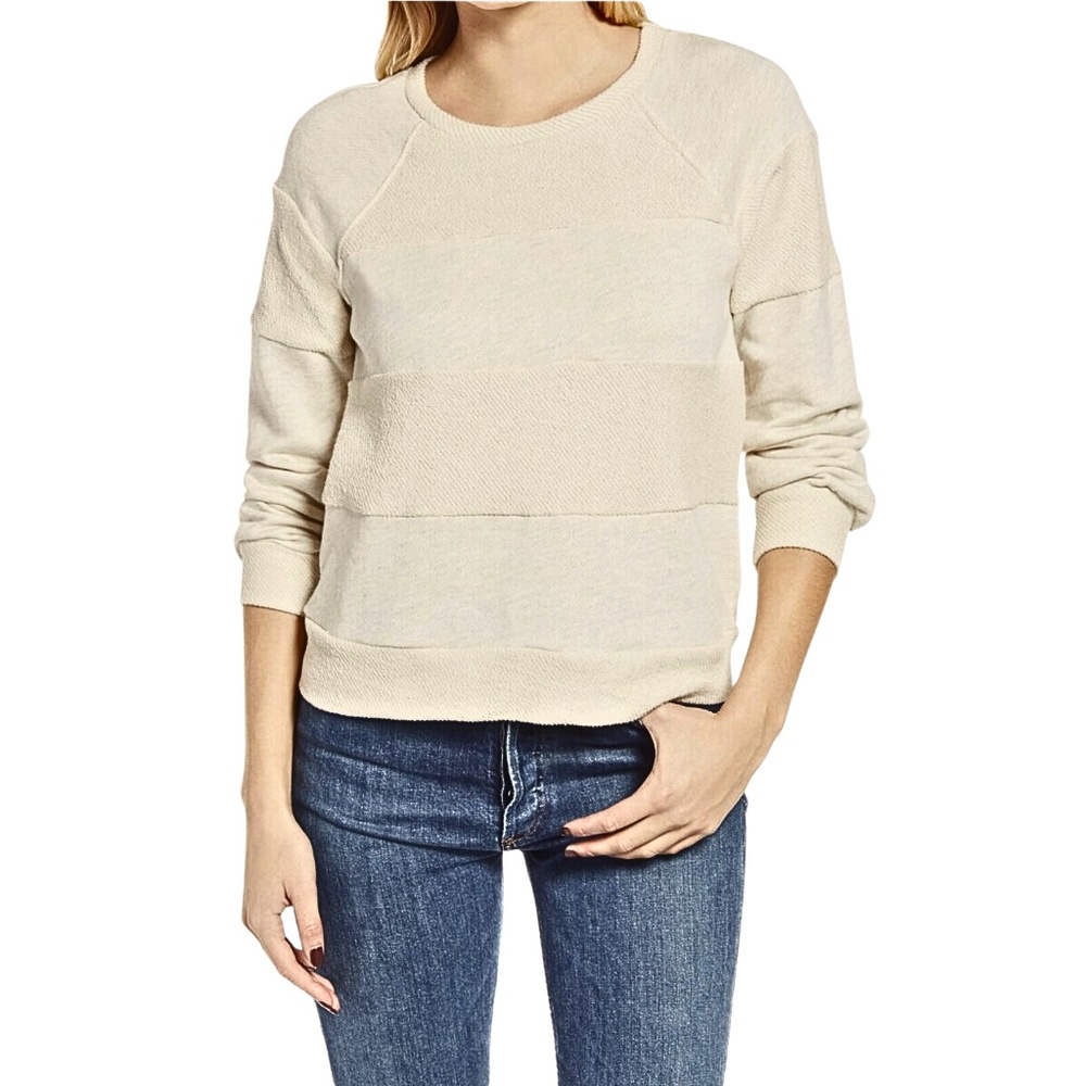 Everleigh | Cropped Sweatshirt w/Textured Stripes | Tan Heather + Cream Size: XS